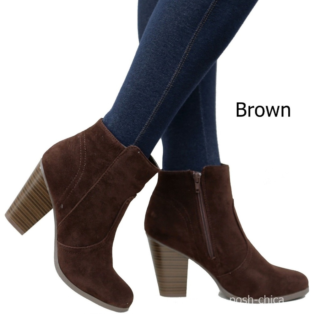 New Brown Faux Suede Chunky Heel Ankle Boot Bootie